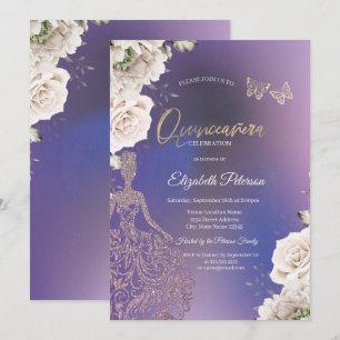Convites Rosas Rosadas Brilho Menina  Quinceañera Roxa
