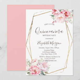 Convites Rosas Rosadas Quadro Dourado Quinceañera