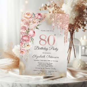 Convites Rosas Rosas Brilho Pingos Dourado 80 Anos de Idade
