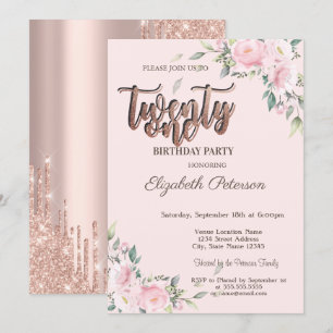 Convites Rosas Rosas Brilho Pink Drips Rose Gold 21º Aniver