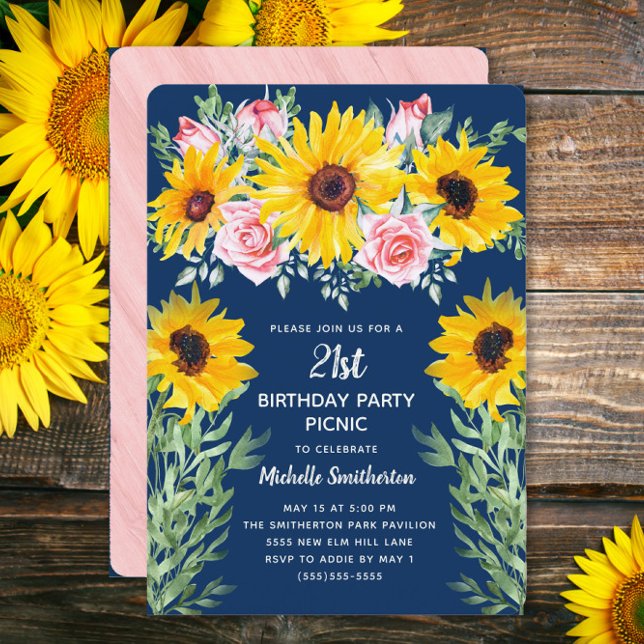 Convites Rosas Rosas Girassóis Azul Marinho Aniversário de  (Sunflowers and pink roses on navy blue 21st birthday party invitation)