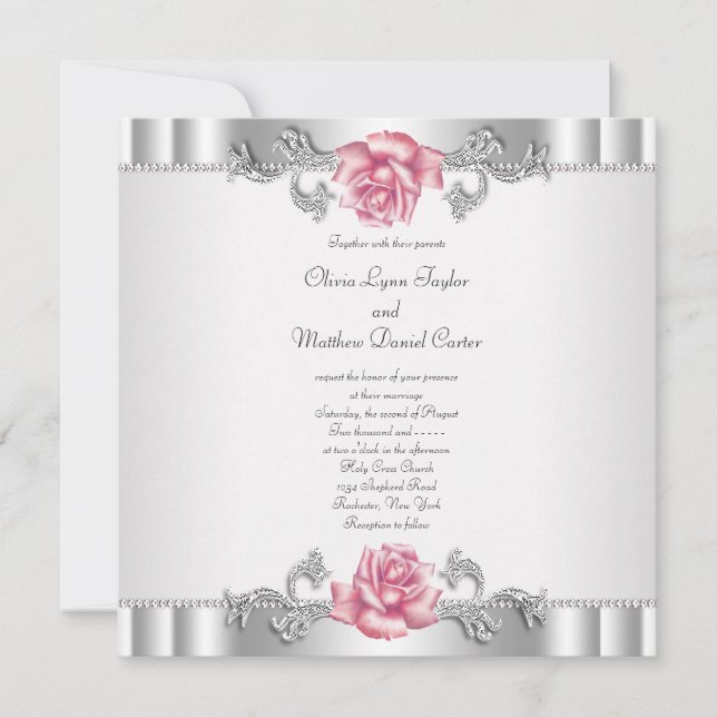 Convites Rosas Rosas Prateadas Brancas Elegantes Casamento (Frente)