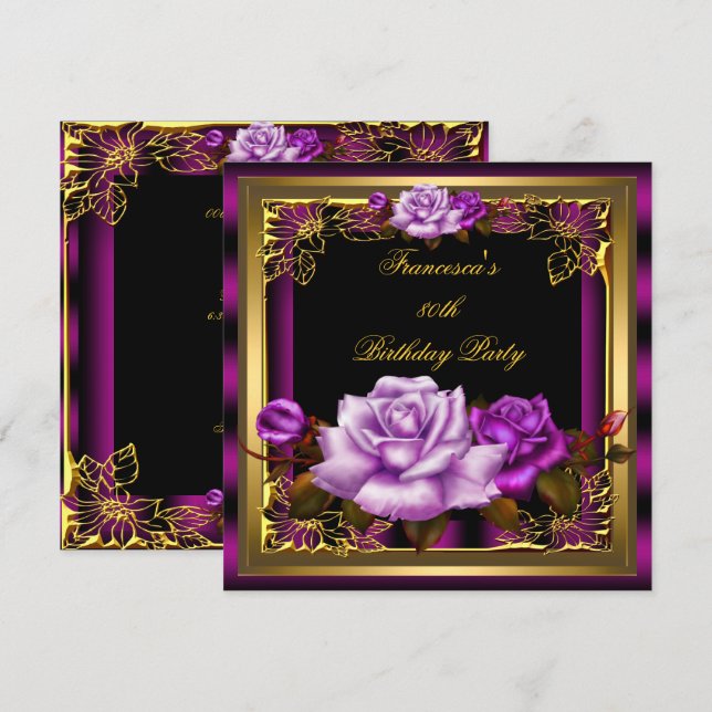 Convites Rosas Roxas Ameixas Douradas Elegantes Aniversário (Frente/Verso)