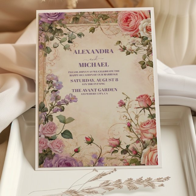 Convites Rosas Roxas Antigas Florais Casamento Vintage (Criador carregado)