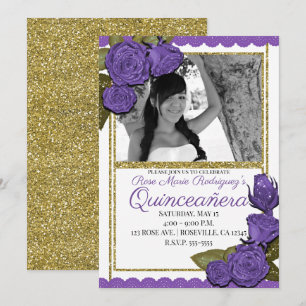 Convites Rosas Roxas Brilho Dourado Quinceañera Aniversário