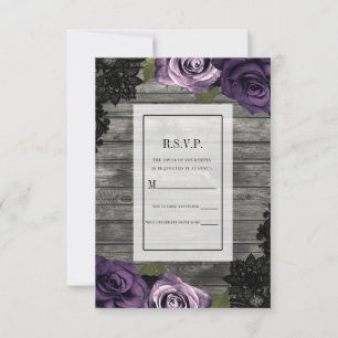 Convites Rosas Roxas Deep Purple Rustico Madeira Preto RSVP