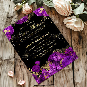Convites Rosas Roxas e Douradas Floral Sweet Sixteen