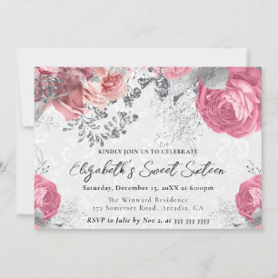 Convites Rosas Roxas e Prata em Aquarela Sweet Sixteen