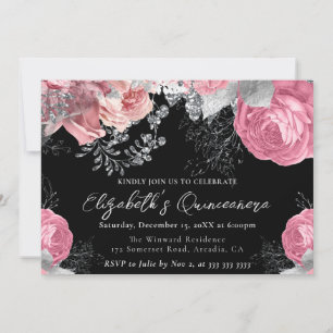 Convites Rosas Roxas e Prateadas em Aquarela Quinceanera