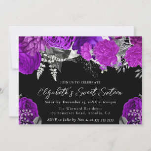 Convites Rosas Roxas e Prateadas em Aquarela Sweet Sixteen