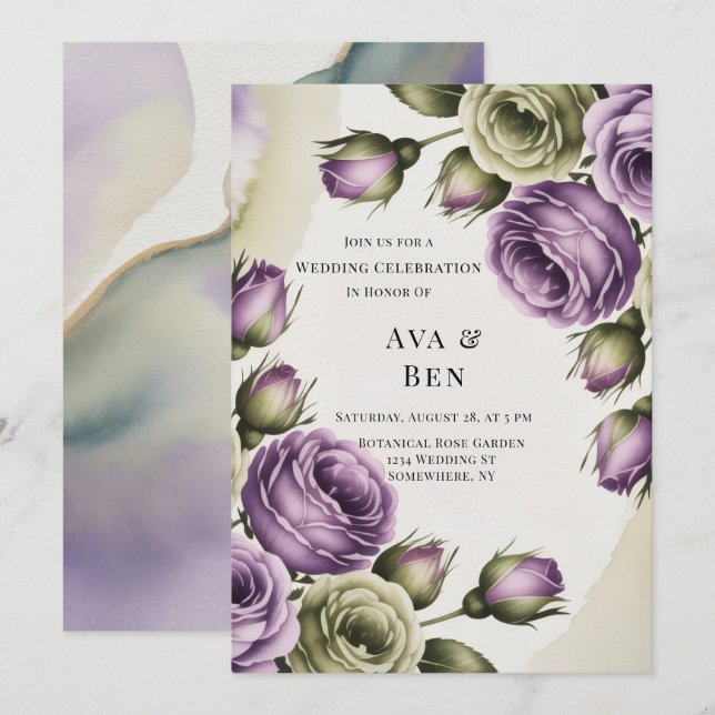 Convites Rosas Roxas e Verde-Salvia Pintadas Casamento (Frente/Verso)