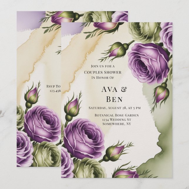 Convites Rosas Roxas e Verde-Salvia Pintadas no Chá de Bebê (Frente/Verso)