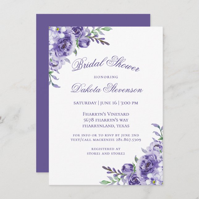 Convites Rosas roxas | Elegante Aquarela Chá Floral (Frente/Verso)