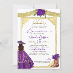 Convites Rosas roxas Elegante Western Charro Quinceanera