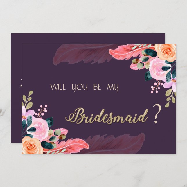 Convites Rosas Roxas Elegantes Penas Chic (Frente/Verso)