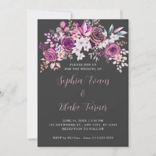 Convites Rosas Roxas Elegantes Sombra Cinza Casamento Flora