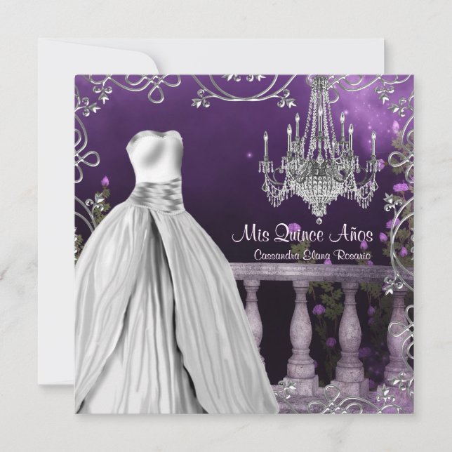 Convites Rosas Roxas Lavanda Candeeiro Quinceanera (Frente)