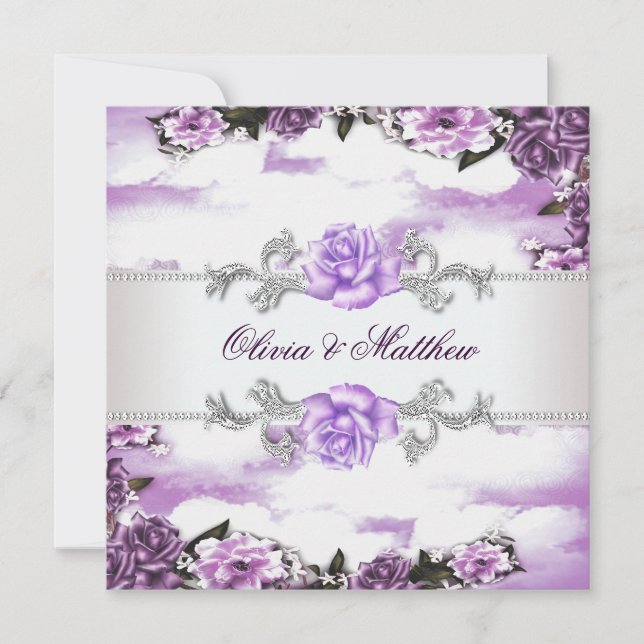 Convites Rosas Roxas Lavanda Roxa Nuvem Branca Casamento (Frente)