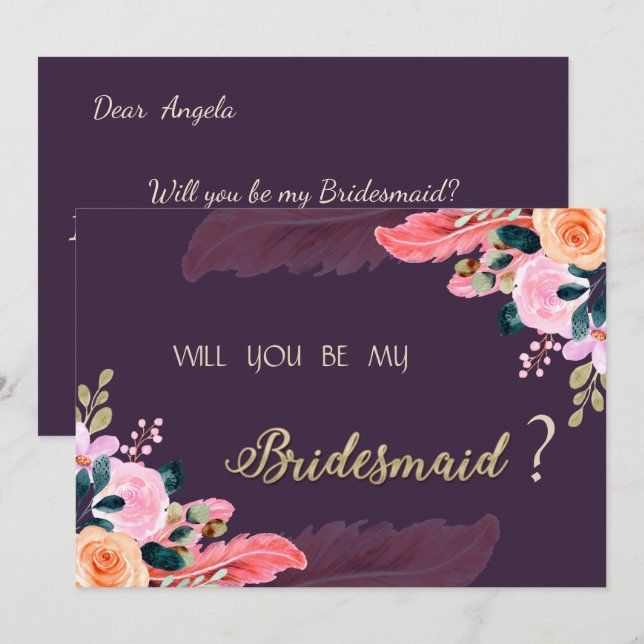 Convites Rosas Roxas Pena de Chic Elegante (Frente/Verso)