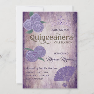 Convites Rosas roxas, tiara Quince In