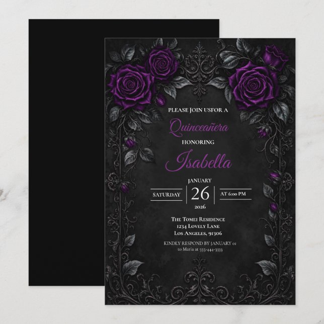 Convites Rosas roxas vintage Quinceañera (Frente/Verso)