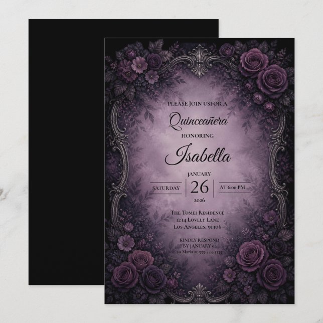 Convites Rosas roxas vintage Quinceañera (Frente/Verso)