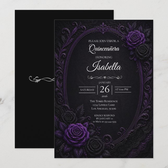Convites Rosas roxas vintage Quinceañera (Frente/Verso)