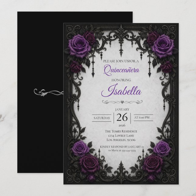 Convites Rosas Roxas Vintage Quinceañera (Frente/Verso)