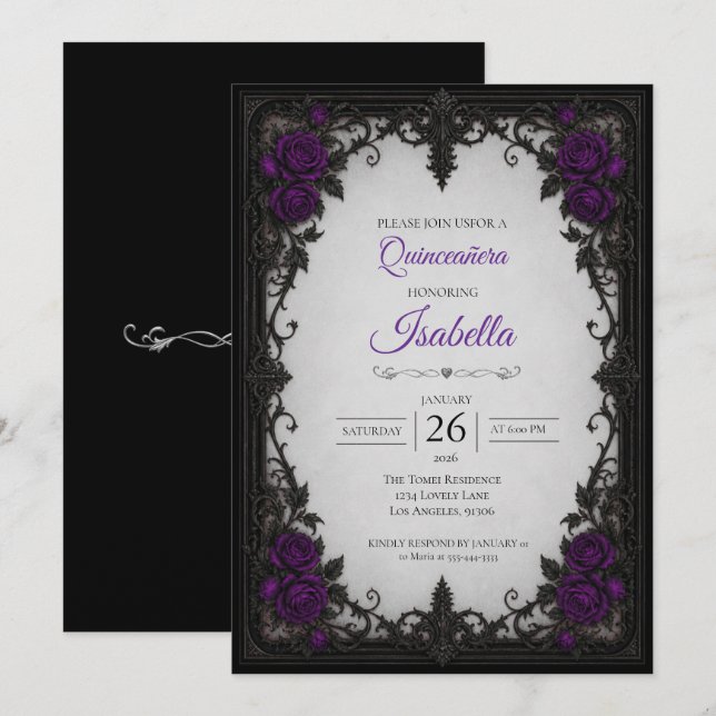 Convites Rosas roxas vintage Quinceañera (Frente/Verso)