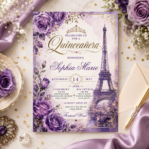 Convites Rosas Roxas Vintage Torre Eiffel Quinceañera