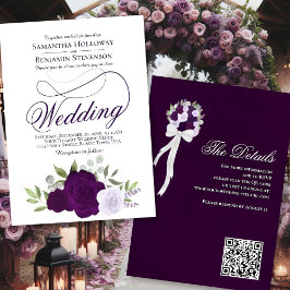 Convites Rosas Roxo Elegante Casamento de Código QR Floral