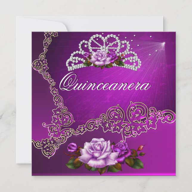 Convites Rosas Roxo Prata Quinceanera 15º (Frente)