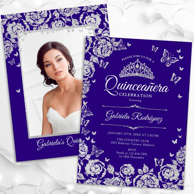 Convites Rosas Roxos Borboletas Quinceanera Foto (Criador carregado)
