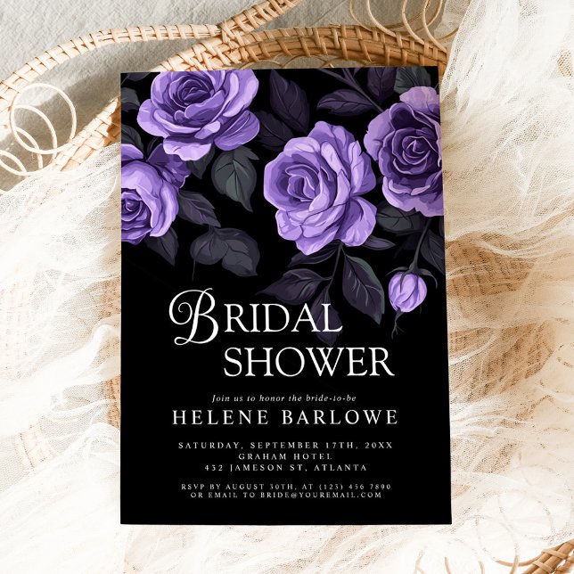 Convites Rosas Roxos Chá de panela Gótico Escuro (Purple Roses Moody Dark Gothic Bridal Shower Invitation)