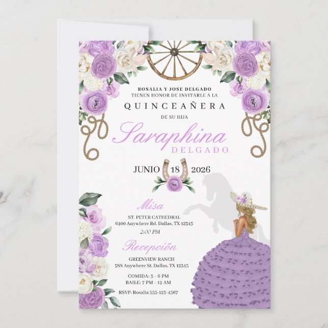 Convites Rosas Roxos Charro Quinceañera Ocidental (Frente)