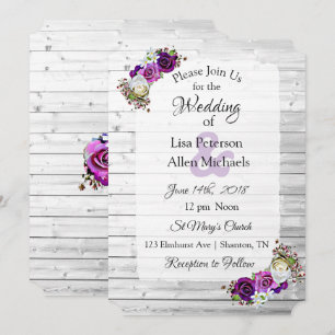 Convites Rosas roxos de madeira lavados branco que Wedding