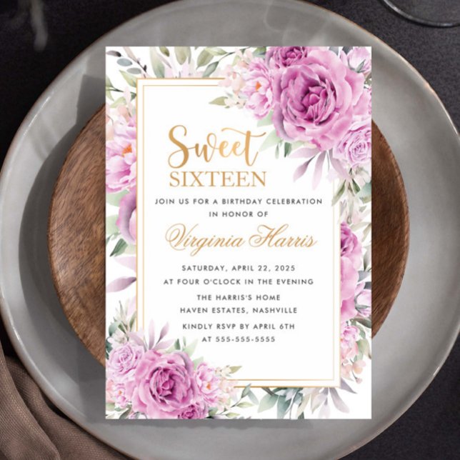 Convites Rosas Roxos Doce Floral Dezesseis 16 Aniversário (Criador carregado)