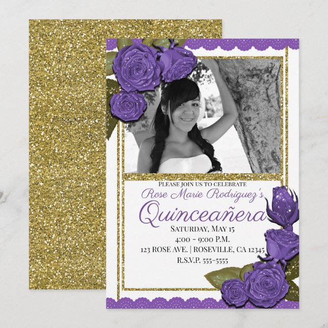 Convites Rosas roxos Dourados Glitter Quinceañera Aniversár (Frente/Verso)