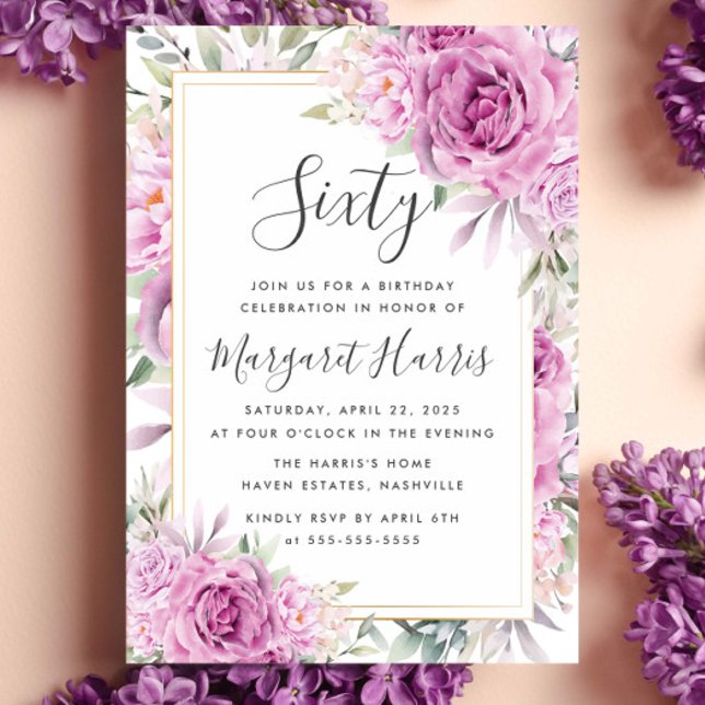 Convites Rosas Roxos Frame Dourado Floral 60º Sessenta Aniv (Criador carregado)