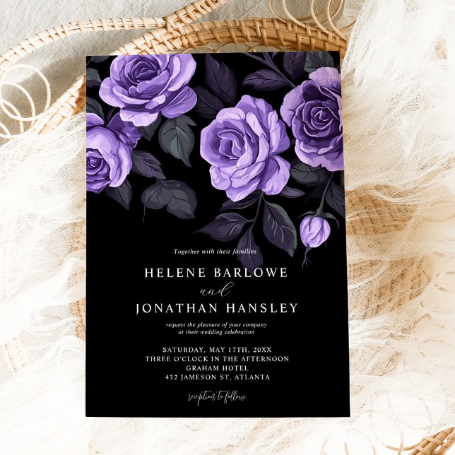 Convites Rosas Roxos Moody Casamento Gótico Escuro Floral (Moody Purple Roses Floral Dark Gothic Wedding Invitation)