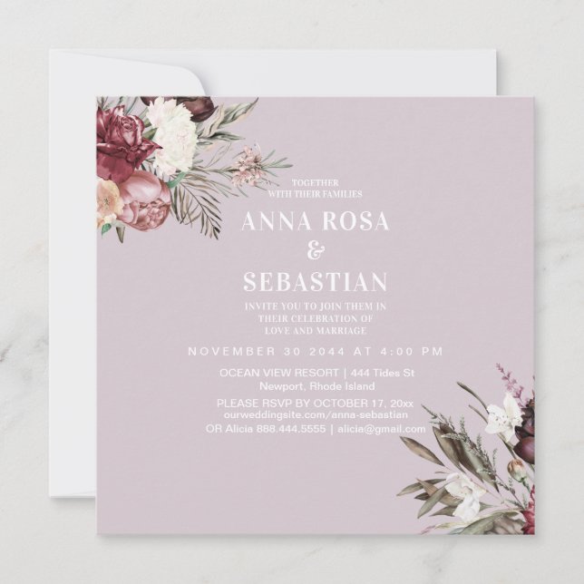 Convites *~* Rosas RSVP Burgandy Floral AR15 + WEDDING (Frente)