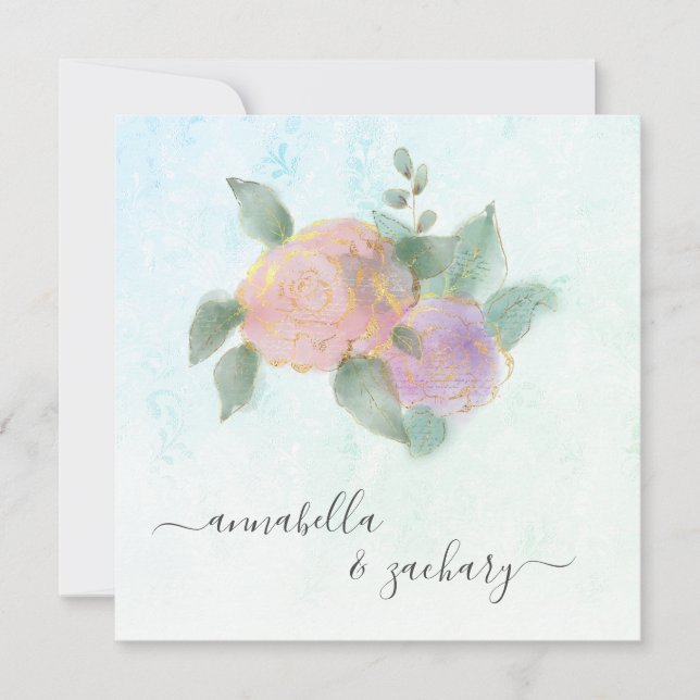 Convites *~* ROSAS + RSVP QR Dourada Glitter - Casamento AR (Frente)