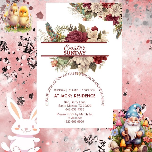 Convites Rosas Russos Pastel Páscoa Floral Domingo (Burgundy Rustic Roses Pastel Floral Easter Sunday Invitation)