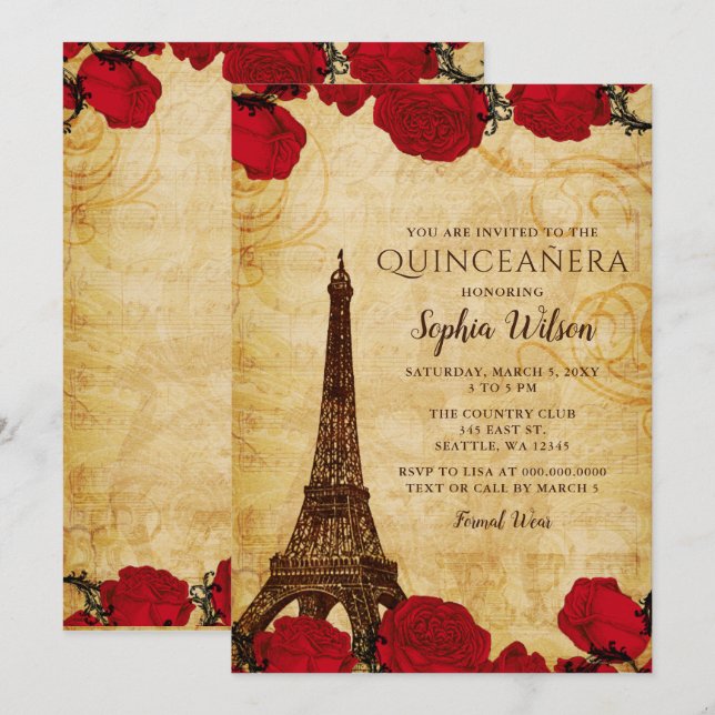 Convites Rosas Russos Vintage Torre Eiffel Quinceañera (Frente/Verso)