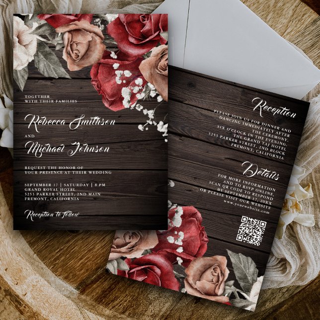 Convites Rosas Rustic Wood Burgundy Código QR Casamento (Criador carregado)