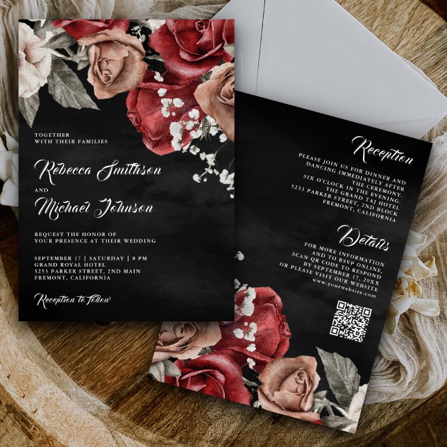 Convites Rosas Rústicas Borgonha Código QR Casamento Preto (Criador carregado)