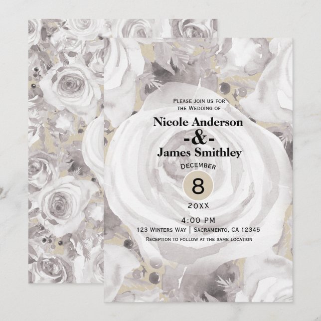 Convites Rosas Rústicas Brancas de Inverno Kraft Casamento (Frente/Verso)