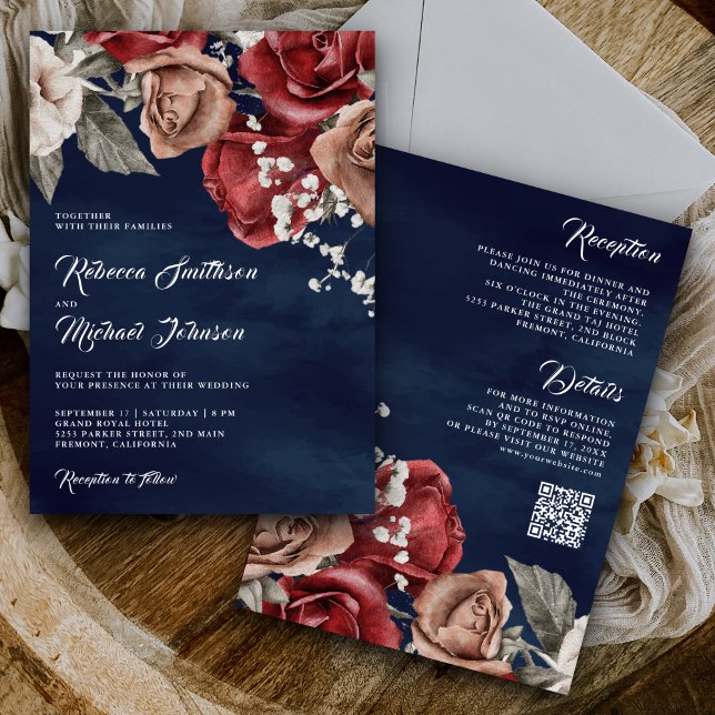 Convites Rosas Rústicas Burgundy Código QR Casamento Azul M (Criador carregado)