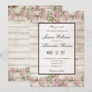 Convites Rosas Rústicas & Casamento com Moldura de Madeira