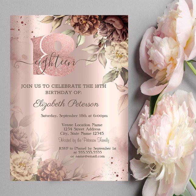 Convites Rosas Rústicas Rosa Dourado Aniversário de 18 anos (Criador carregado)